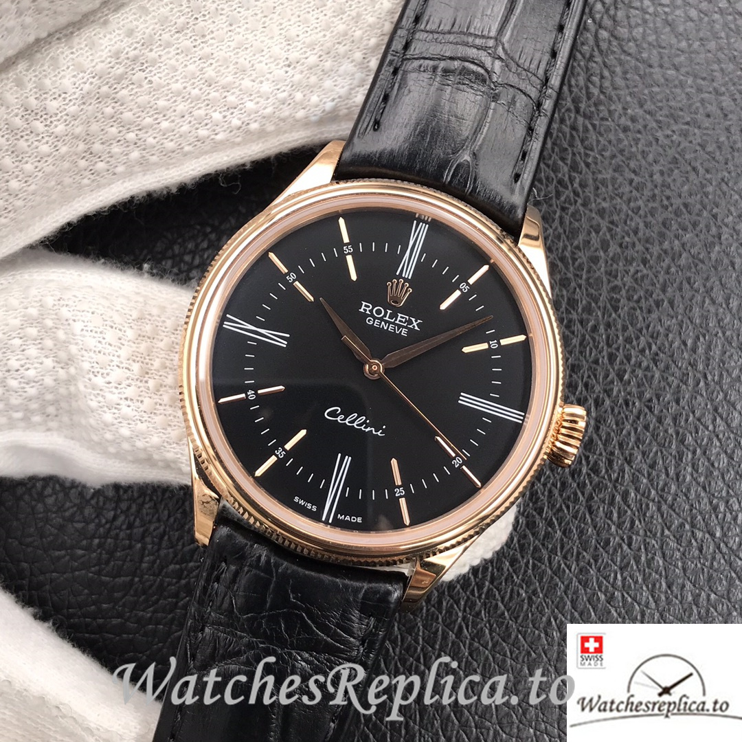 Swiss Rolex Cellini Replica Black Leather strap 39MM Rose Gold Black Dial - Replica Watches Shop