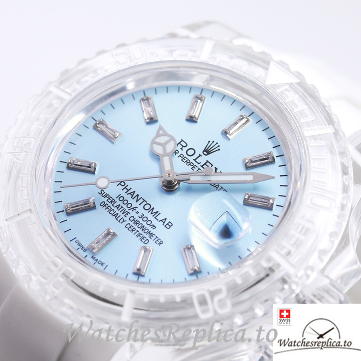 Swiss Rolex Submariner Replica Rubber strap 40MM PHANTOMLAB&ROLEX Baby blue Dial - WatchesReplica.to