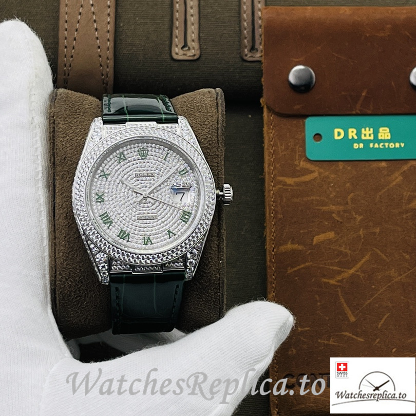 Swiss Rolex Datejust Replica Black Leather strap 40MM Diamonds Dial Green - Replica Watches Shop