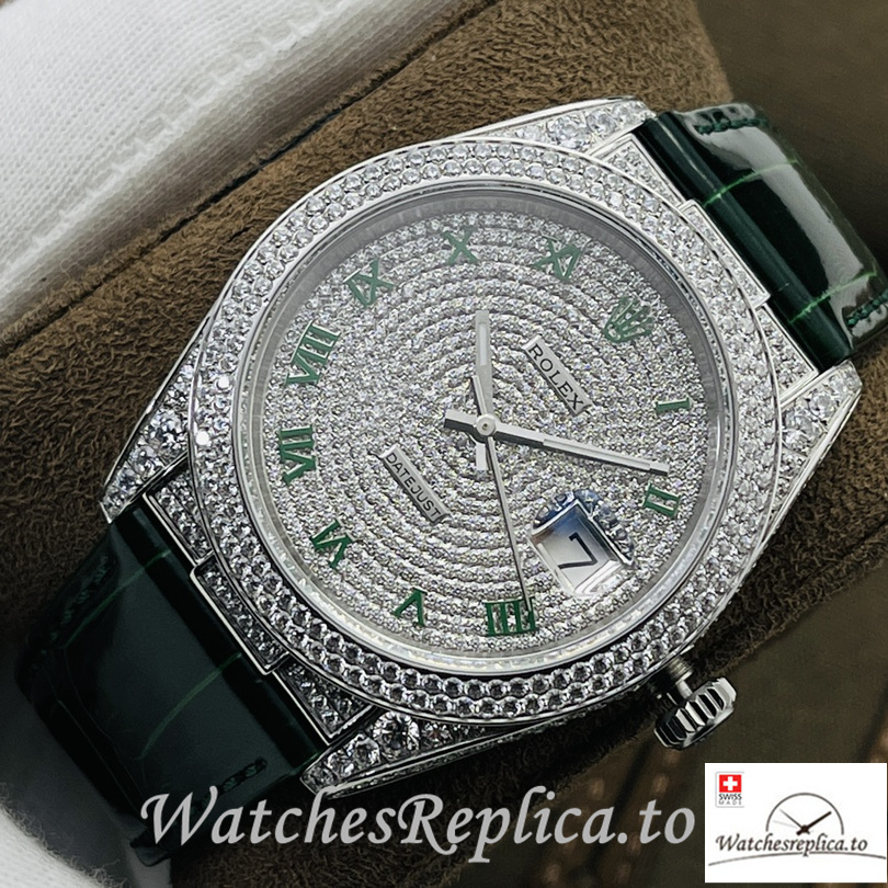 Swiss Rolex Datejust Replica Black Leather strap 40MM Diamonds Dial Green - Replica Watches Shop