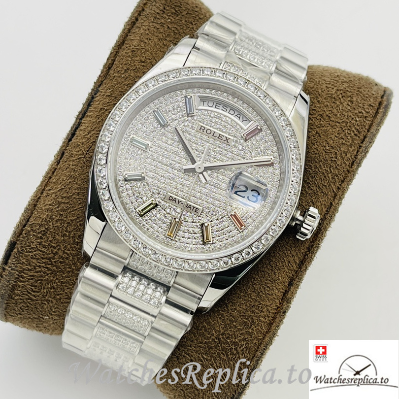 Swiss Rolex Day Date Replica Stainless steel and Diamonds strap 36MM Diamonds Dial - Replica Watches Shop