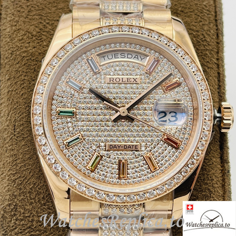 Swiss Rolex Day Date Replica Rose Gold and Diamonds strap 36MM Diamonds Dial - Replica Watches Shop